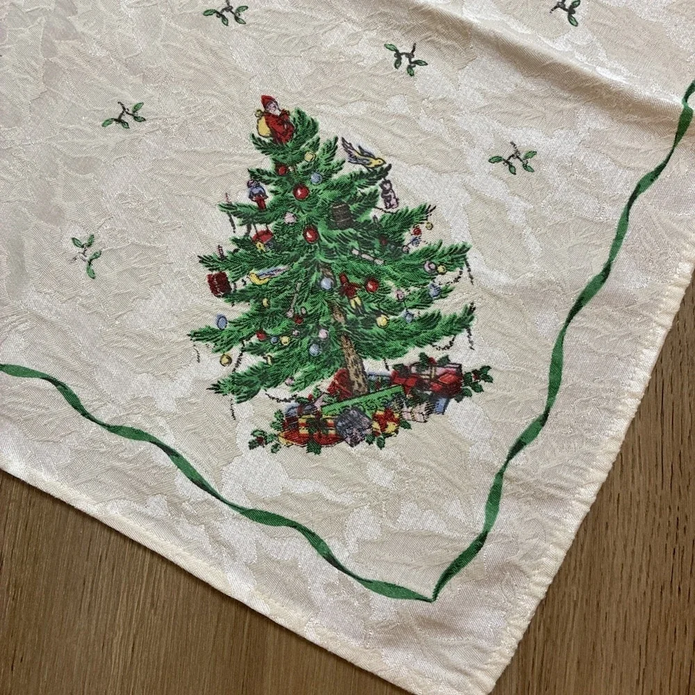 Spode Christmas Tree Cloth Napkins set of 6 Ivory Damask Green Ribbon